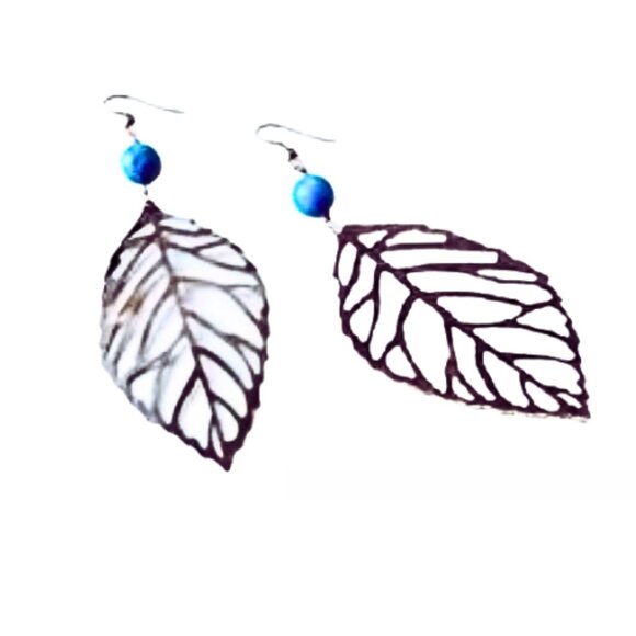 Turquoise Embellished Leaf Earrings (available in silver or copper!) - Picture 3 of 3